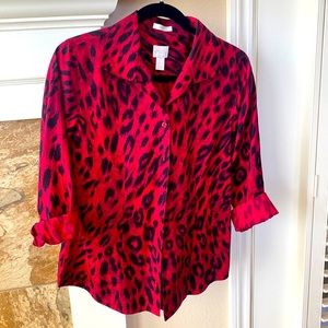 Chicos Size:0 Red and Black Leopard Print No-Iron Button-down Shirt